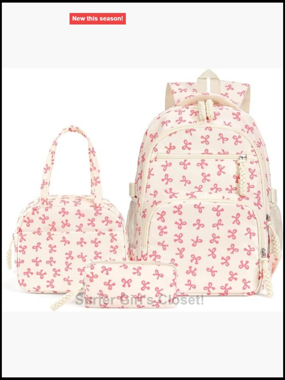 Nylon Bow Backpack Set - Cute Kawaii Daypack with Lunch Bag, 3PCS